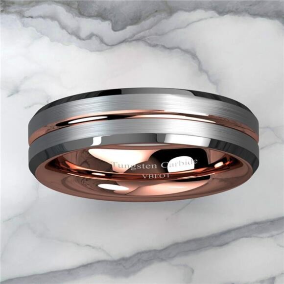 Men's Wedding Band 6mm Silver Brushed Rose Gold Ring for Men and Women - Picture 5 of 7